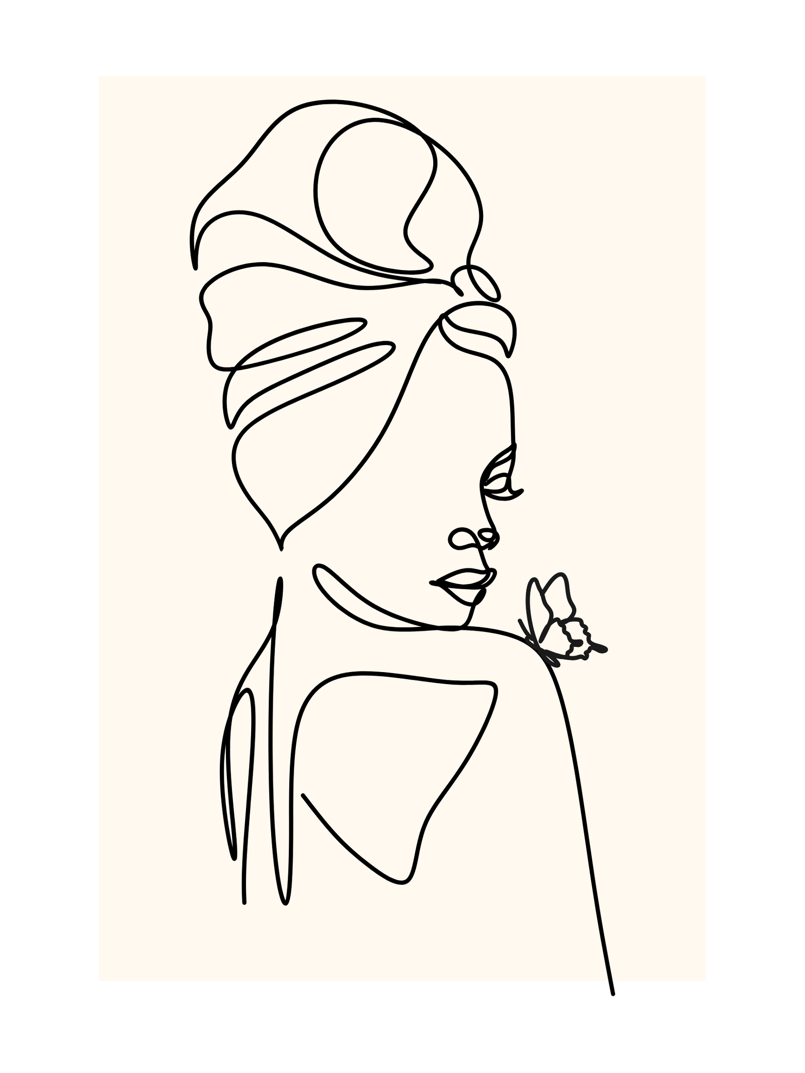 drawing of woman with a headwrap and butterfly on her shoulder
